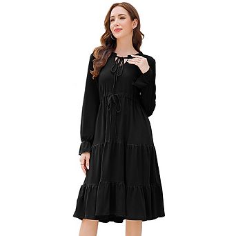 Women's Tiered Ruffle Midi Dress Tie Neck Long Sleeve Casual Floral & Solid Print Dress
