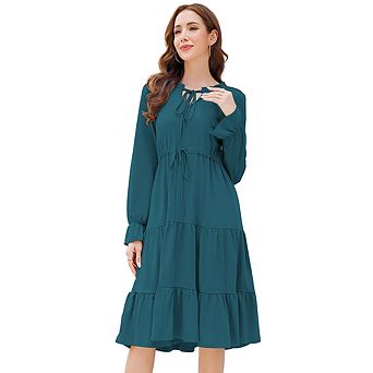 Women's Tiered Ruffle Midi Dress Tie Neck Long Sleeve Casual Floral & Solid Print Dress