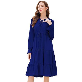 Women's Tiered Ruffle Midi Dress Tie Neck Long Sleeve Casual Floral & Solid Print Dress