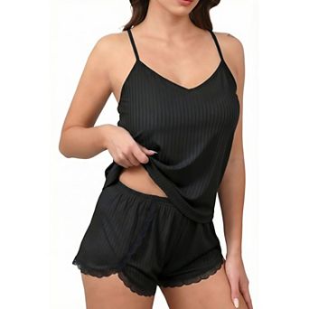 Ekouaer Womens Pajama Sets Soft Ribbed Lingerie Sleepwear 2 pc Cami Shorts Set V-Neck Pjs
