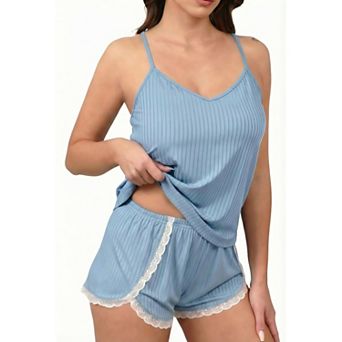 Ekouaer Womens Pajama Sets Soft Ribbed Lingerie Sleepwear 2 pc Cami Shorts Set V-Neck Pjs