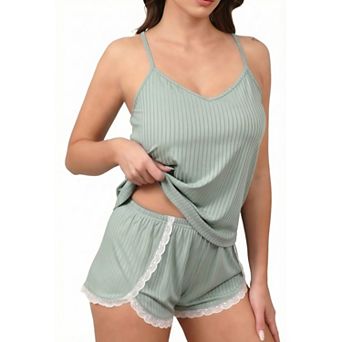 Ekouaer Womens Pajama Sets Soft Ribbed Lingerie Sleepwear 2 pc Cami Shorts Set V-Neck Pjs