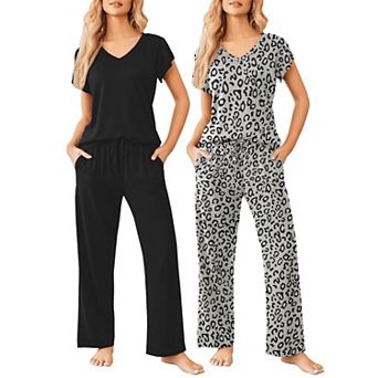Ekouaer 2 Pack Womens Pajamas Short Sleeve Sleepwear Top with Pants Soft Printed Lounge Sets