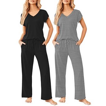 Ekouaer 2 Pack Womens Pajamas Short Sleeve Sleepwear Top with Pants Soft Printed Lounge Sets