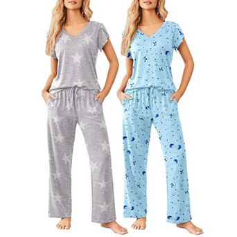 Ekouaer 2 Pack Womens Pajamas Short Sleeve Sleepwear Top with Pants Soft Printed Lounge Sets
