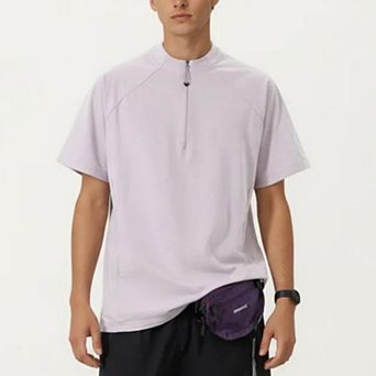 Men's Short Sleeve Athletic T-Shirt with Half Zip Mock Neck Lightweight Breathable Fabric