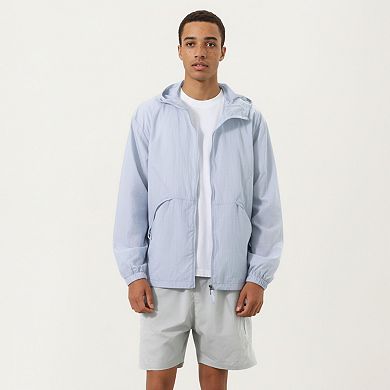 Men's Lightweight Hooded Windbreaker Jacket with Full Zip Closure Elastic Cuffs and Side Pocket