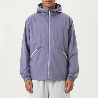 Men's Lightweight Hooded Windbreaker Jacket with Full Zip Closure Elastic Cuffs and Side Pocket