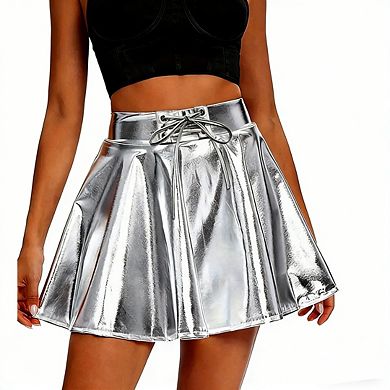 Women's High Waist Mini Skirt Statement PU Metallic Drawstring Tie A Line Pleated Skater Skirt