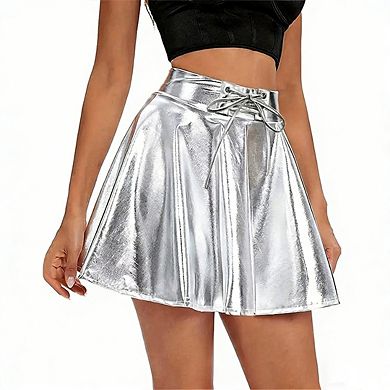Women's High Waist Mini Skirt Statement PU Metallic Drawstring Tie A Line Pleated Skater Skirt
