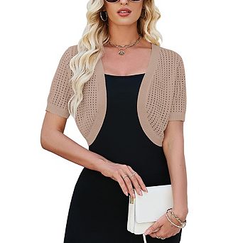 Women's Cropped Open Front Knit Shrug Short Sleeve Eyelet Crochet Bolero Cardigan for Layering
