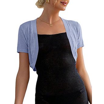Women's Cropped Open Front Knit Shrug Short Sleeve Eyelet Crochet Bolero Cardigan for Layering