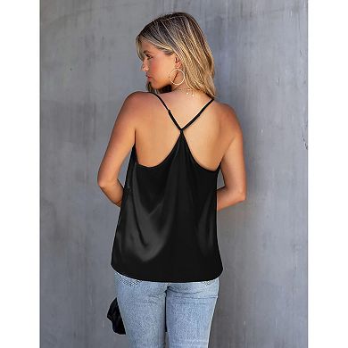 Ekouaer Women's 2 Pack Silk Tank Top Mesh V Neck Satin Camisole Blouse Sleeveless Spaghetti Strap