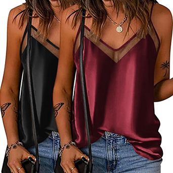 Ekouaer Women's 2 Pack Silk Tank Top Mesh V Neck Satin Camisole Blouse Sleeveless Spaghetti Strap
