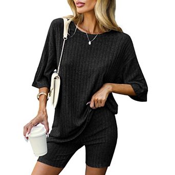 Ekouaer Pajamas 2 pc Lounge Sets Ribbed Knit Matching Outfits T-shirt Biker Shorts Sleepwear
