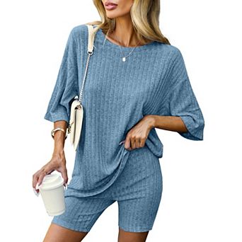 Ekouaer Pajamas 2 pc Lounge Sets Ribbed Knit Matching Outfits T-shirt Biker Shorts Sleepwear