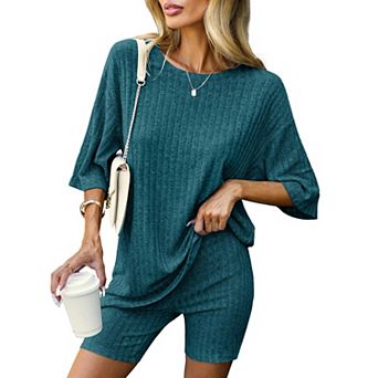 Ekouaer Pajamas 2 pc Lounge Sets Ribbed Knit Matching Outfits T-shirt Biker Shorts Sleepwear