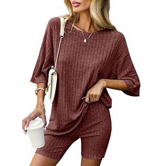 Ekouaer Pajamas 2 pc Lounge Sets Ribbed Knit Matching Outfits T-shirt Biker Shorts Sleepwear