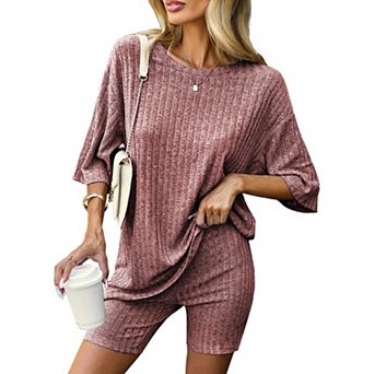 Ekouaer Pajamas 2 pc Lounge Sets Ribbed Knit Matching Outfits T-shirt Biker Shorts Sleepwear