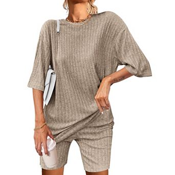 Ekouaer Pajamas 2 pc Lounge Sets Ribbed Knit Matching Outfits T-shirt Biker Shorts Sleepwear