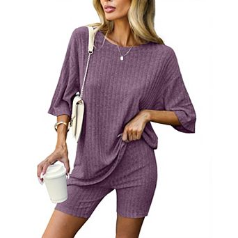 Ekouaer Pajamas 2 pc Lounge Sets Ribbed Knit Matching Outfits T-shirt Biker Shorts Sleepwear