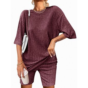 Ekouaer Pajamas 2 pc Lounge Sets Ribbed Knit Matching Outfits T-shirt Biker Shorts Sleepwear