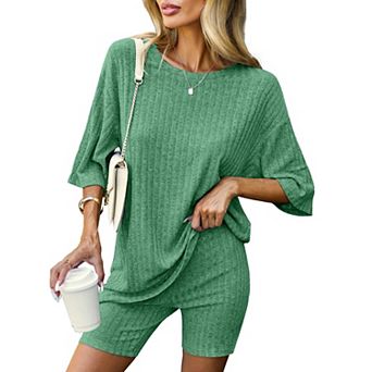 Ekouaer Pajamas 2 pc Lounge Sets Ribbed Knit Matching Outfits T-shirt Biker Shorts Sleepwear