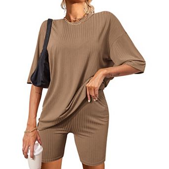 Ekouaer Pajamas 2 pc Lounge Sets Ribbed Knit Matching Outfits T-shirt Biker Shorts Sleepwear