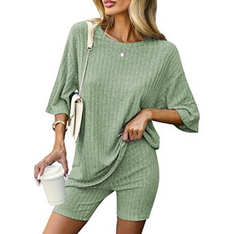 Ekouaer Pajamas 2 pc Lounge Sets Ribbed Knit Matching Outfits T-shirt Biker Shorts Sleepwear