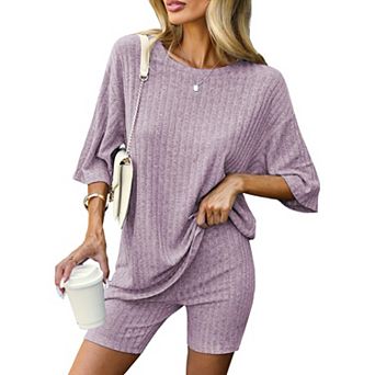 Ekouaer Pajamas 2 pc Lounge Sets Ribbed Knit Matching Outfits T-shirt Biker Shorts Sleepwear