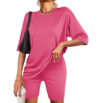 Ekouaer Pajamas 2 pc Lounge Sets Ribbed Knit Matching Outfits T-shirt Biker Shorts Sleepwear