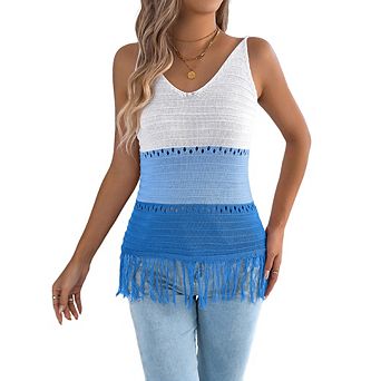 Women Color Block Crochet Tank Tops Sleeveless Fringe V Neck Trendy Boho Knit Summer Sweater Vest