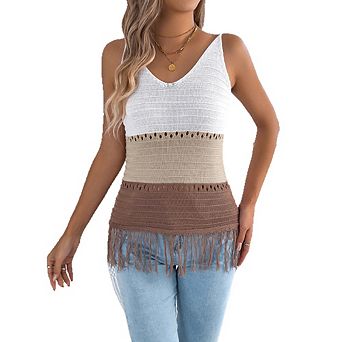 Women Color Block Crochet Tank Tops Sleeveless Fringe V Neck Trendy Boho Knit Summer Sweater Vest