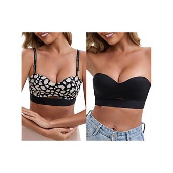 2 Packs Women's Strapless Non Slip Wirefree Bandeau Sweetheart Neck Push-Up Padded Tube Bras