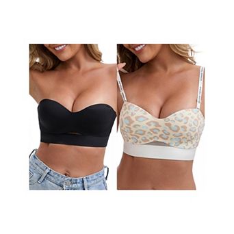 2 Packs Women's Strapless Non Slip Wirefree Bandeau Sweetheart Neck Push-Up Padded Tube Bras