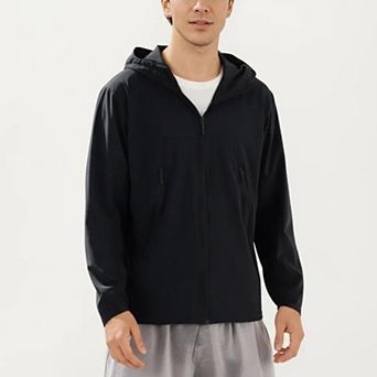 Men's Lightweight Windbreaker Jacket with Hood Full Zip Closure Zipper Pocket Detail and Relaxed Fit