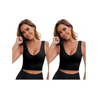 2 Packs Women's Reversible V-Neck Athletic Tank Bra Wide Straps Stretchable Ribbed Sport Bras