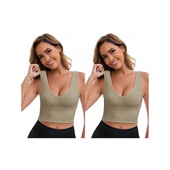 2 Packs Women's Reversible V-Neck Athletic Tank Bra Wide Straps Stretchable Ribbed Sport Bras