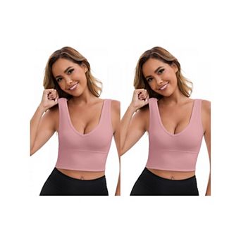 2 Packs Women's Reversible V-Neck Athletic Tank Bra Wide Straps Stretchable Ribbed Sport Bras