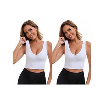 2 Packs Women's Reversible V-Neck Athletic Tank Bra Wide Straps Stretchable Ribbed Sport Bras