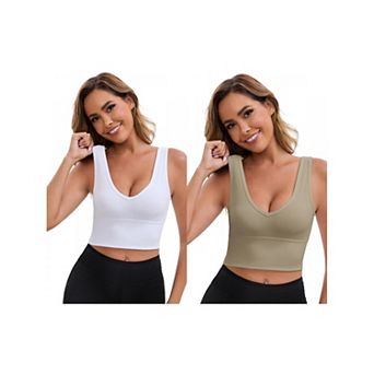 2 Packs Women's Reversible V-Neck Athletic Tank Bra Wide Straps Stretchable Ribbed Sport Bras