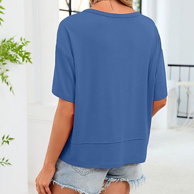 Women Summer V Neck T Shirts Casual Short Sleeve Flowy Tops Cute Loose Fit Basic Tees