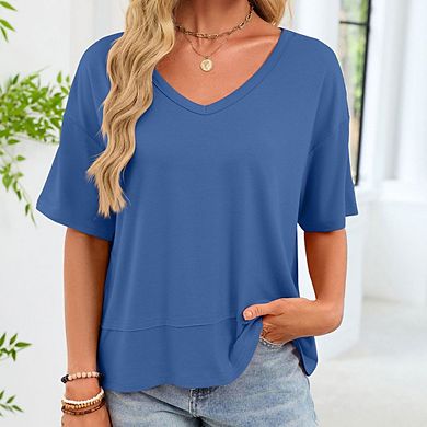 Women Summer V Neck T Shirts Casual Short Sleeve Flowy Tops Cute Loose Fit Basic Tees