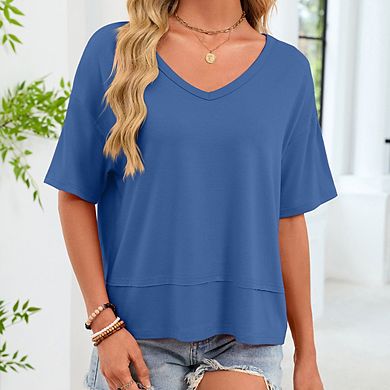 Women Summer V Neck T Shirts Casual Short Sleeve Flowy Tops Cute Loose Fit Basic Tees