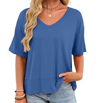 Women Summer V Neck T Shirts Casual Short Sleeve Flowy Tops Cute Loose Fit Basic Tees