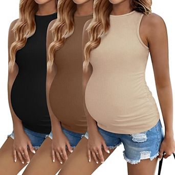Ekouaer Women Maternity Tank Top Pregnancy Shirts Ribbed Sleeveless Side Ruched Mama Clothes