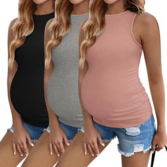 Ekouaer Women Maternity Tank Top Pregnancy Shirts Ribbed Sleeveless Side Ruched Mama Clothes