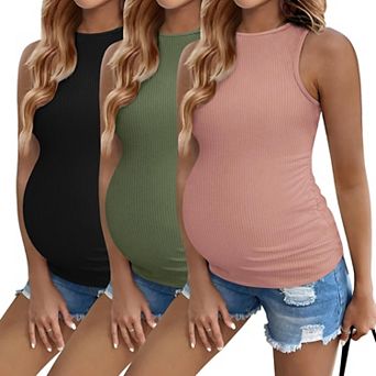 Ekouaer Women Maternity Tank Top Pregnancy Shirts Ribbed Sleeveless Side Ruched Mama Clothes