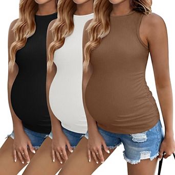 Ekouaer Women Maternity Tank Top Pregnancy Shirts Ribbed Sleeveless Side Ruched Mama Clothes