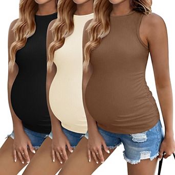 Ekouaer Women Maternity Tank Top Pregnancy Shirts Ribbed Sleeveless Side Ruched Mama Clothes
